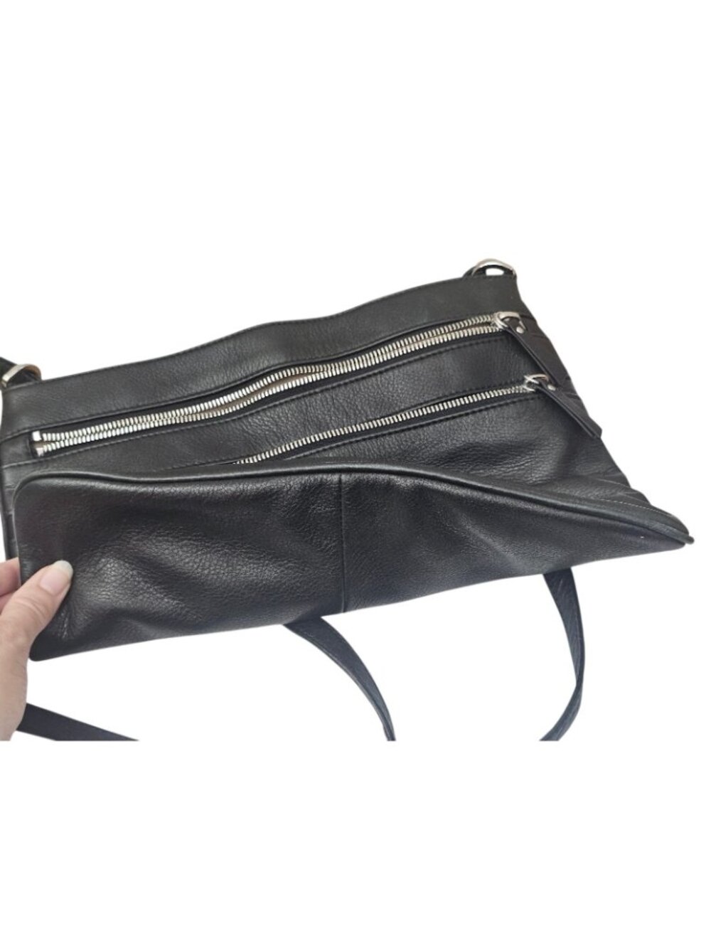 Margot Women's Large Black Leather Crossbody 3 Zipper  Purse Black 13 x 12 - Picture 6 of 12